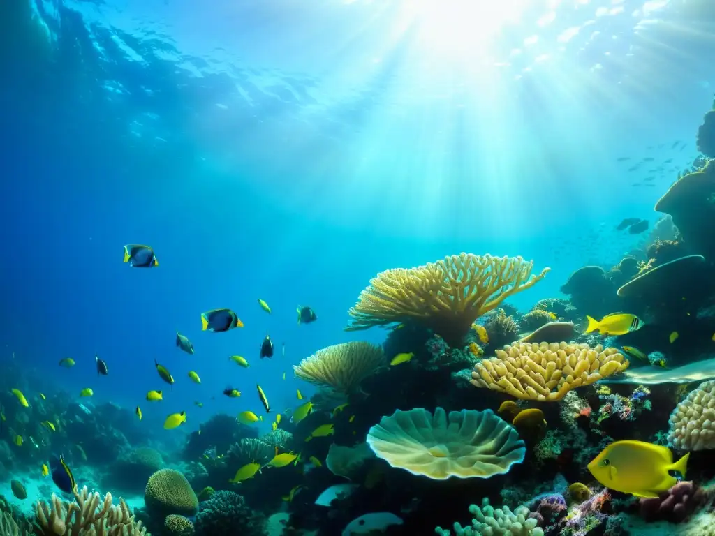 Imagen de un vibrante arrecife de coral con vida marina en cadena alimenticia, con peces coloridos, tortugas marinas y anémonas