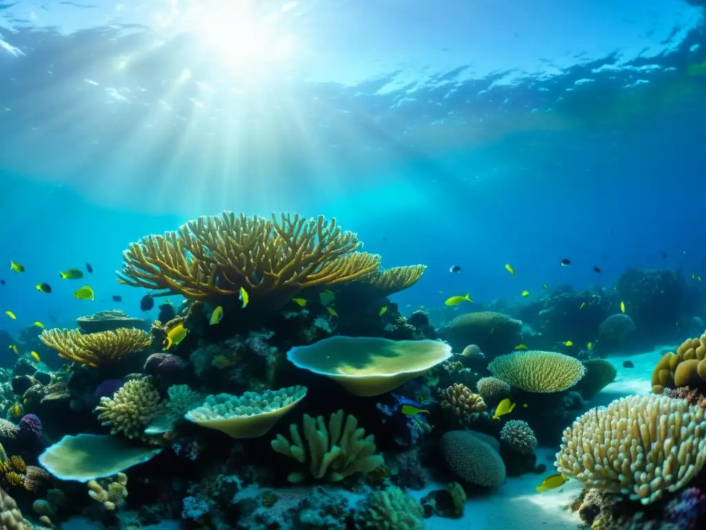 Imagen vibrante de un arrecife de coral lleno de vida marina, destacando la belleza y diversidad del ecosistema oceánico en riesgo