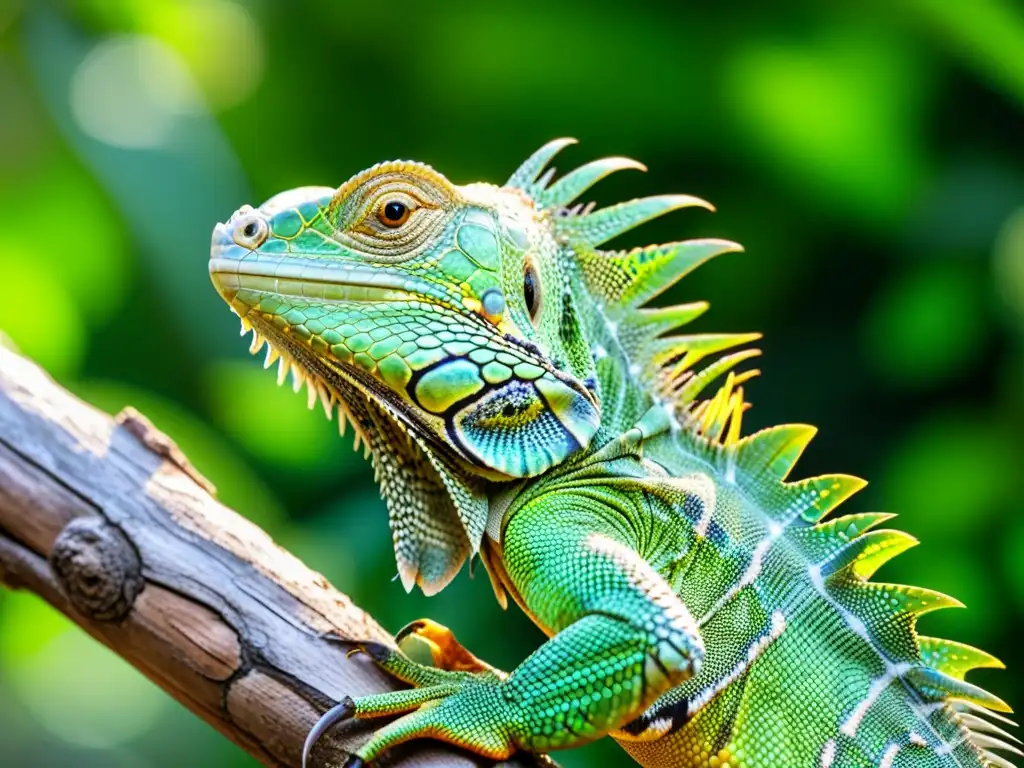 Imagen de una vibrante iguana verde en la selva, con escamas brillantes al sol