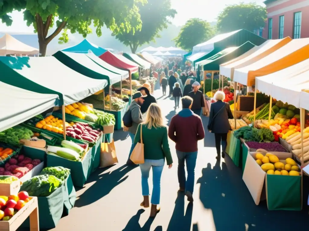 Mercado vegano: productos frescos y sostenibles en acción Una imagen vibrante de un mercado agrícola con productos orgánicos y veganos