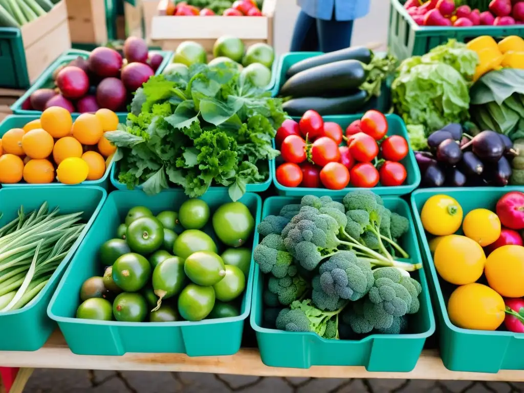 Imagen vibrante de productos orgánicos en el mercado, mostrando conexión entre alimentos orgánicos y salud mental