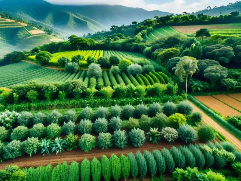 Una imagen vibrante muestra un sistema agroforestal diverso en acción, resaltando la armonía entre árboles frutales, cultivos y arbustos