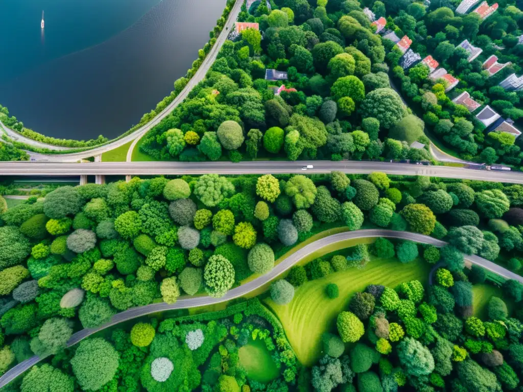 Una impactante fotografía aérea de un paisaje urbano diverso, con una ciudad rodeada de exuberante vegetación y un prominente río