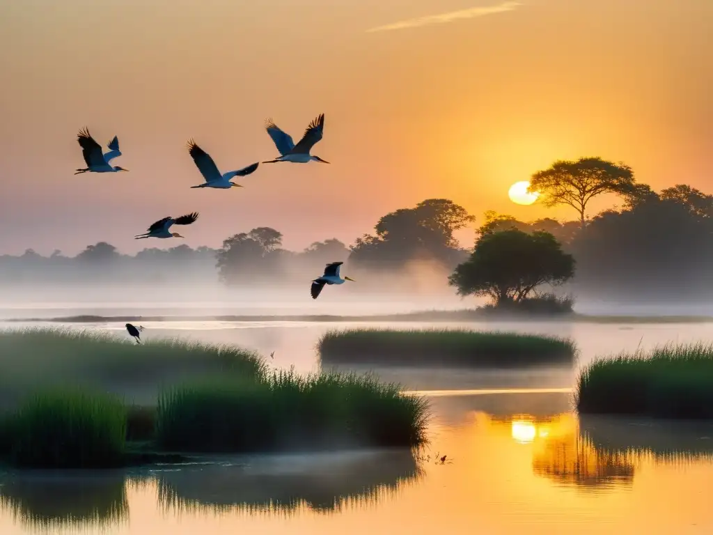 Una impactante fotografía documental de vida en humedales al amanecer, con una suave neblina sobre el agua