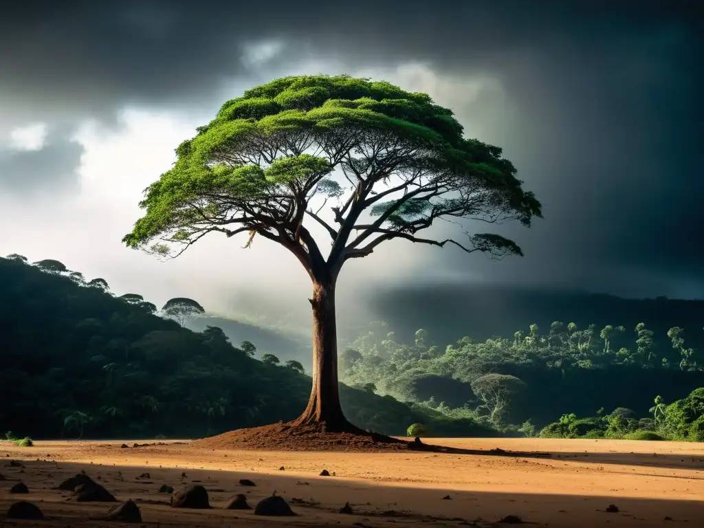 Fotografía impactante de la transformación de ecosistemas: un solitario árbol en un paisaje desolado, evocando la urgencia de la conservación