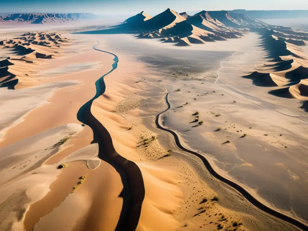 Impactante foto aérea de un vasto paisaje desértico, mostrando la desertificación y la necesidad de mitigación del cambio climático en desiertos