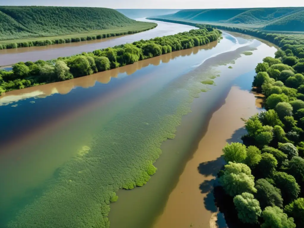 Impactante imagen de la contaminación industrial en un ecosistema fluvial, resaltando la urgencia de proteger los ríos y ecosistemas acuáticos