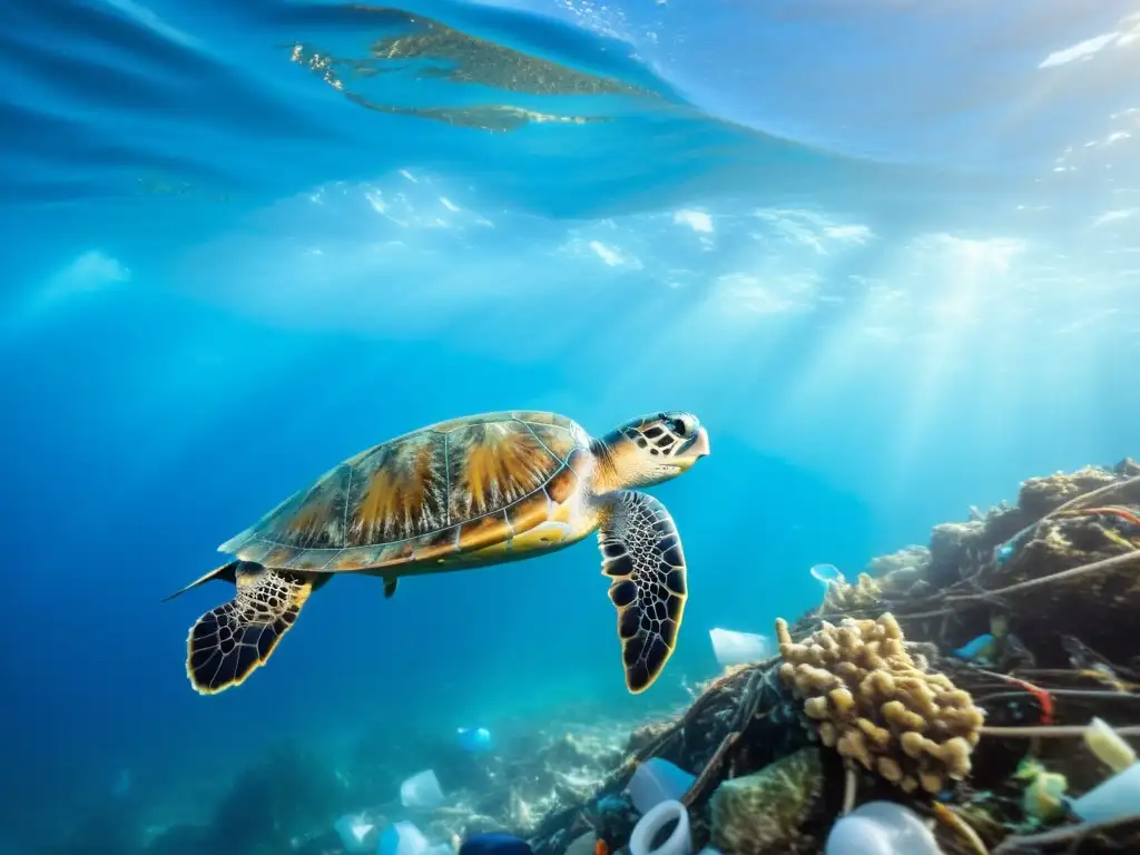 Devastadora lucha de tortuga marina atrapada en plástico Una impactante imagen de la contaminación del océano por influencia humana, con una tortuga marina luchando entre desechos plásticos