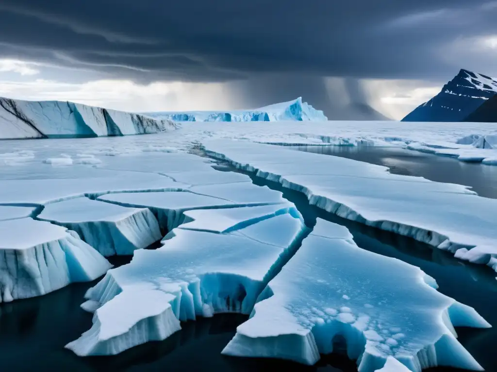 Impactante imagen de un glaciar derritiéndose en el Ártico, con formaciones de hielo cristalino y un cielo tormentoso