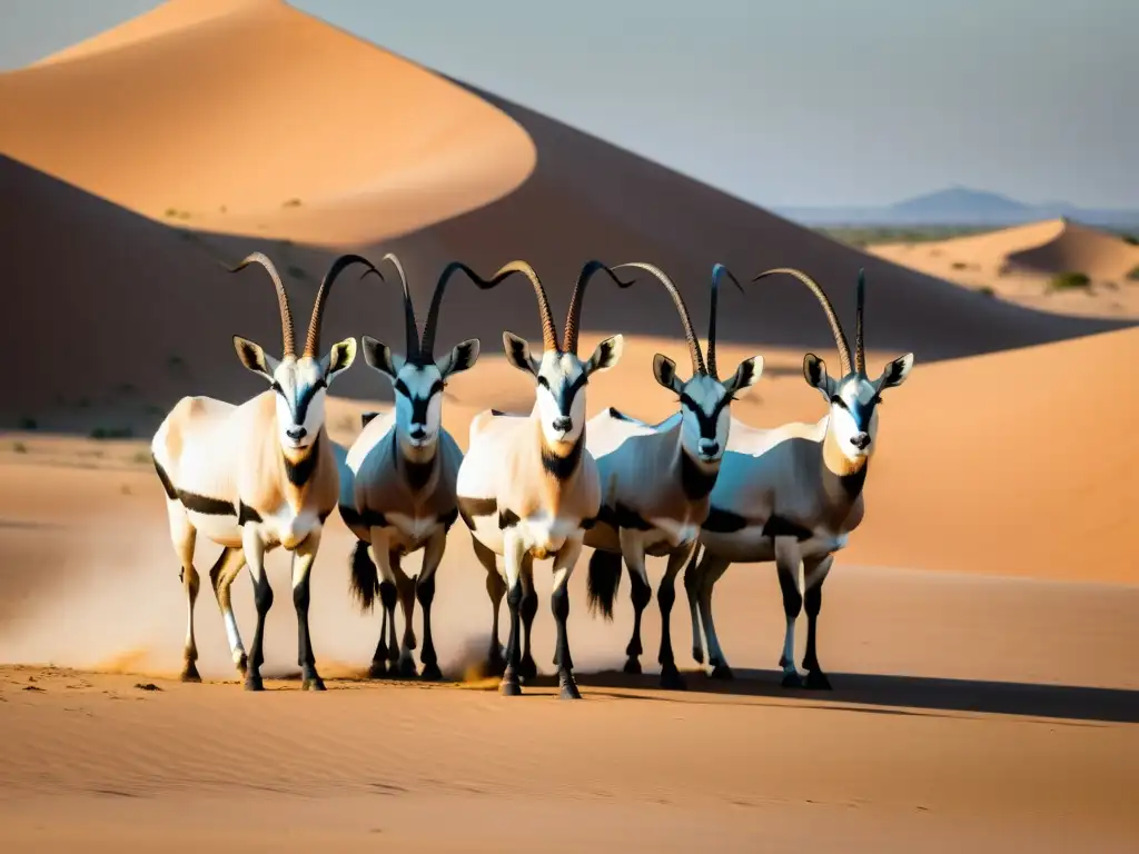 Una impactante imagen de vida silvestre en los Emiratos Árabes, con oryx árabes pastando pacíficamente en el desierto dorado