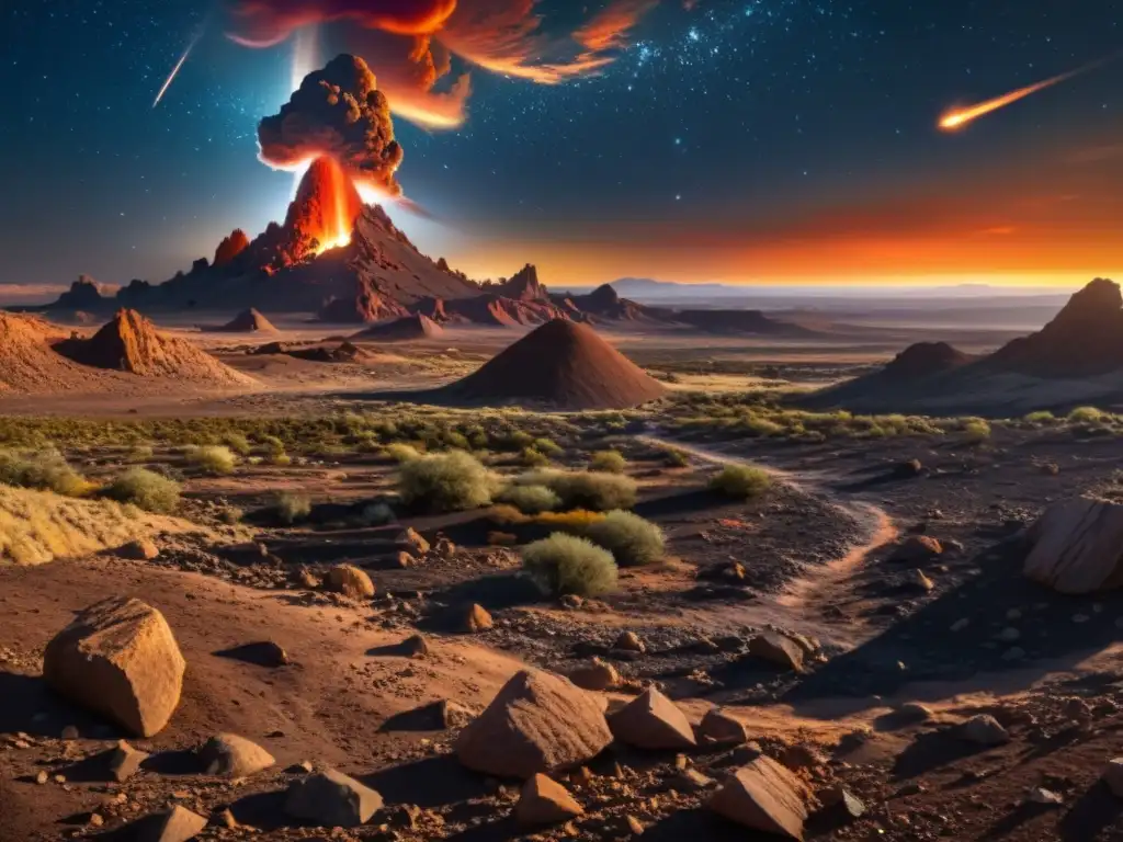 Impactante paisaje prehistórico con meteorito en llamas impactando el ecosistema antiguo