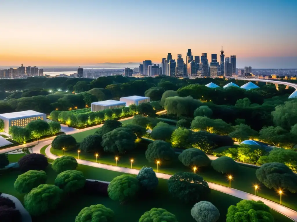 Impactante skyline urbano al anochecer, iluminado por el sol