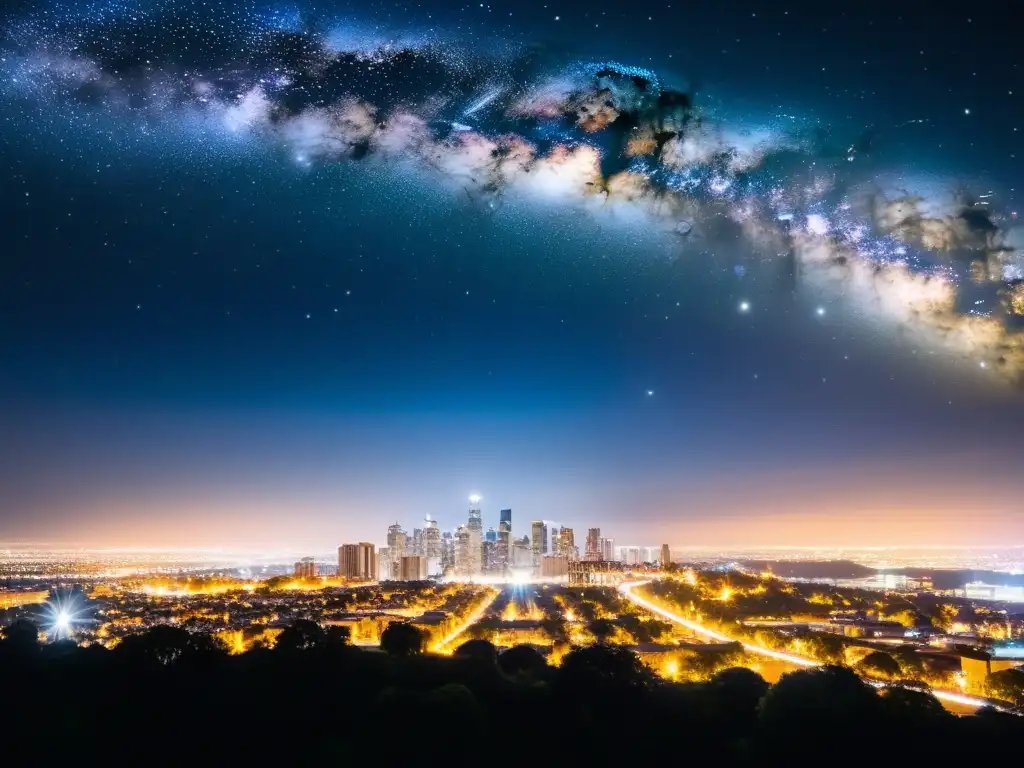 Una impactante vista nocturna de la ciudad iluminada por luces deslumbrantes, contrastando con el cielo oscuro