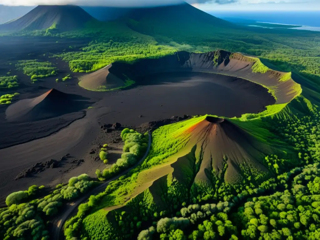 Impacto de la actividad volcánica en ecosistemas: imagen detallada de paisaje volcánico contrastando con exuberante vegetación