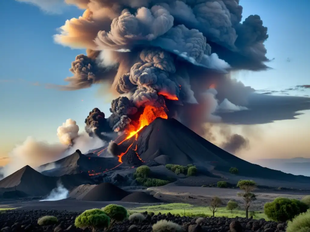 Impacto de la actividad volcánica en ecosistemas: Imagen detallada de una intensa erupción volcánica histórica, con humo y ceniza llenando el cielo