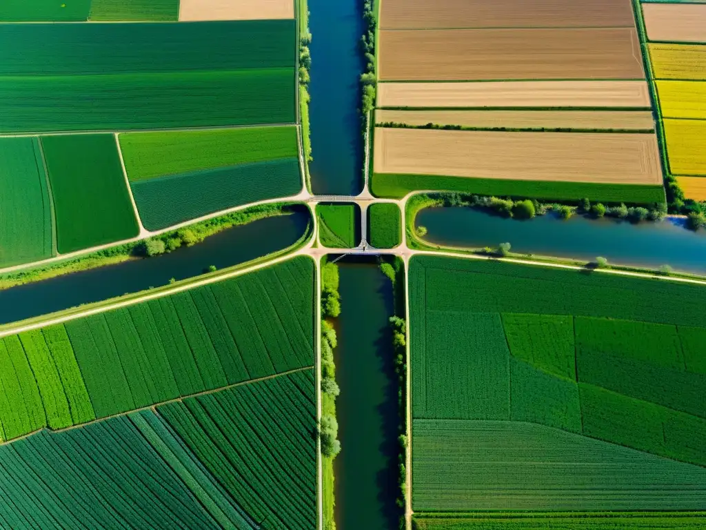 Impacto de la agricultura en ecosistemas acuáticos: impresionante paisaje agrícola con ríos serpenteando entre cultivos