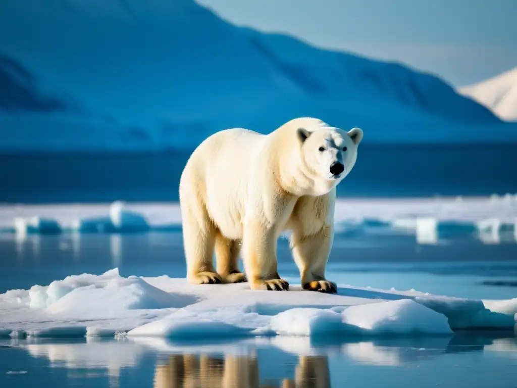 Impacto del calentamiento global en especies polares: Fotografía de alta resolución de un oso polar en un témpano de hielo derretido en el ártico