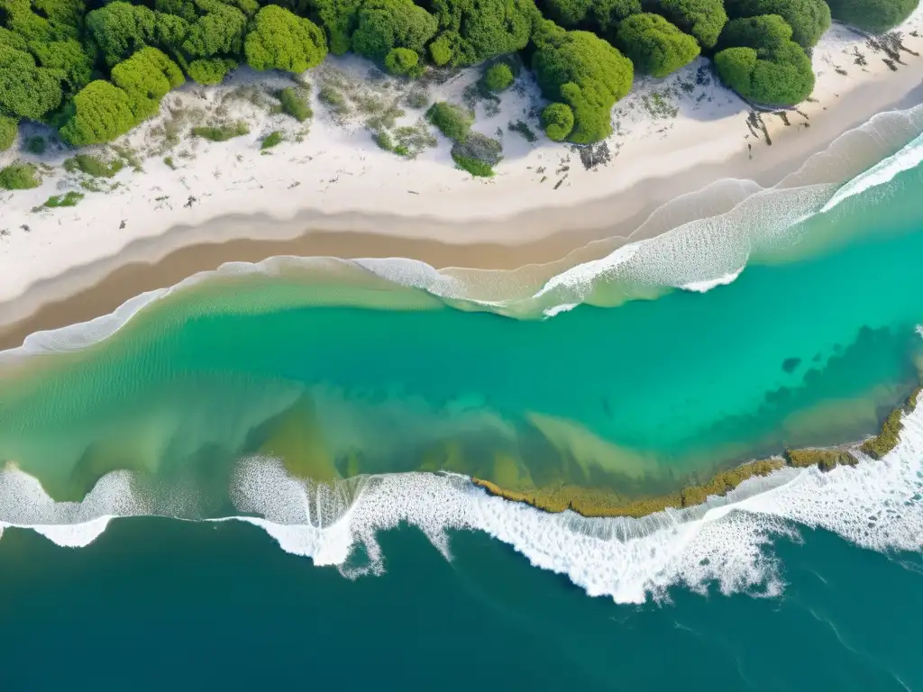 Impacto del cambio climático en ecosistemas costeros: Imagen detallada de la costa erosionada y vegetación dañada por el clima extremo