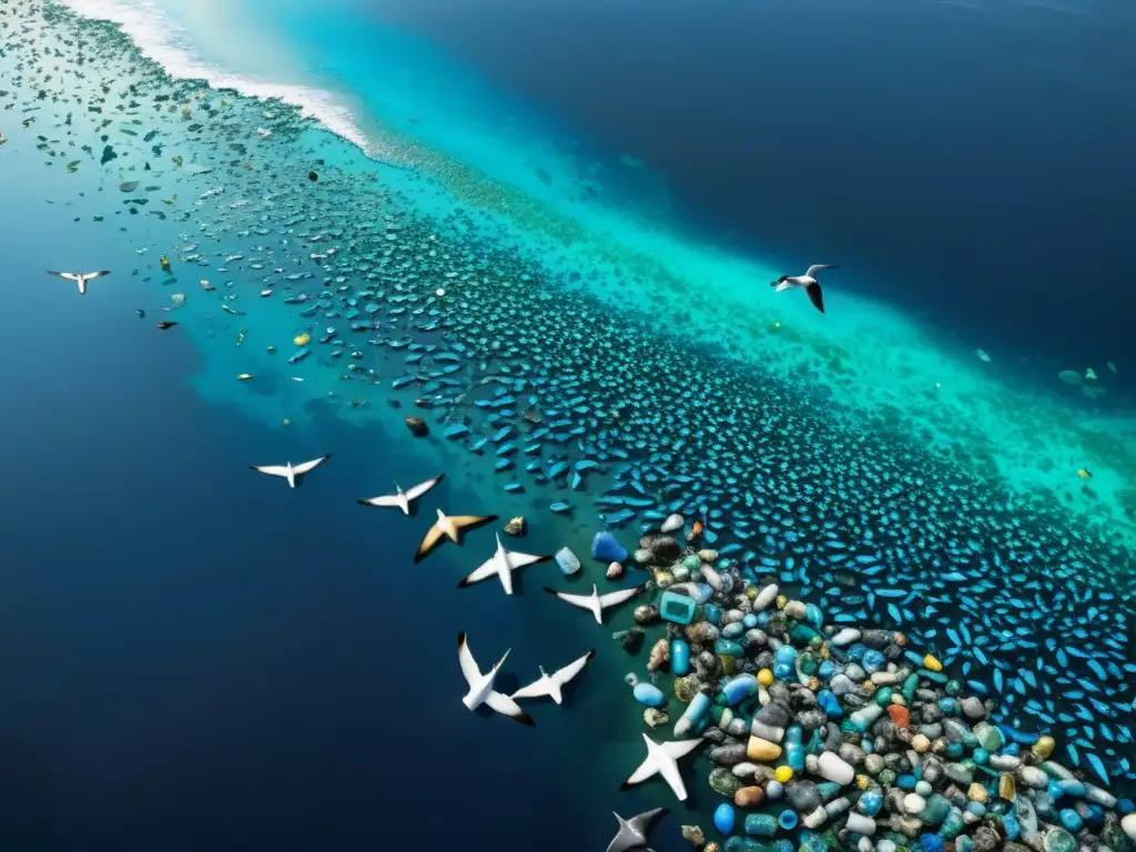 Impacto del cambio climático en ecosistemas marinos: imagen desoladora de un océano lleno de desechos plásticos y contaminación, con la vida marina luchando por sobrevivir