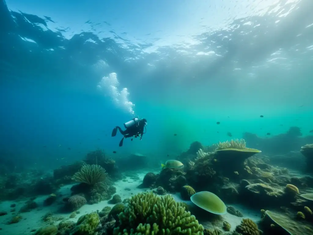 Impacto del cambio climático en zonas muertas marinas: imagen detallada de un vasto y turbio paisaje submarino, con tonos azules y verdes dominantes