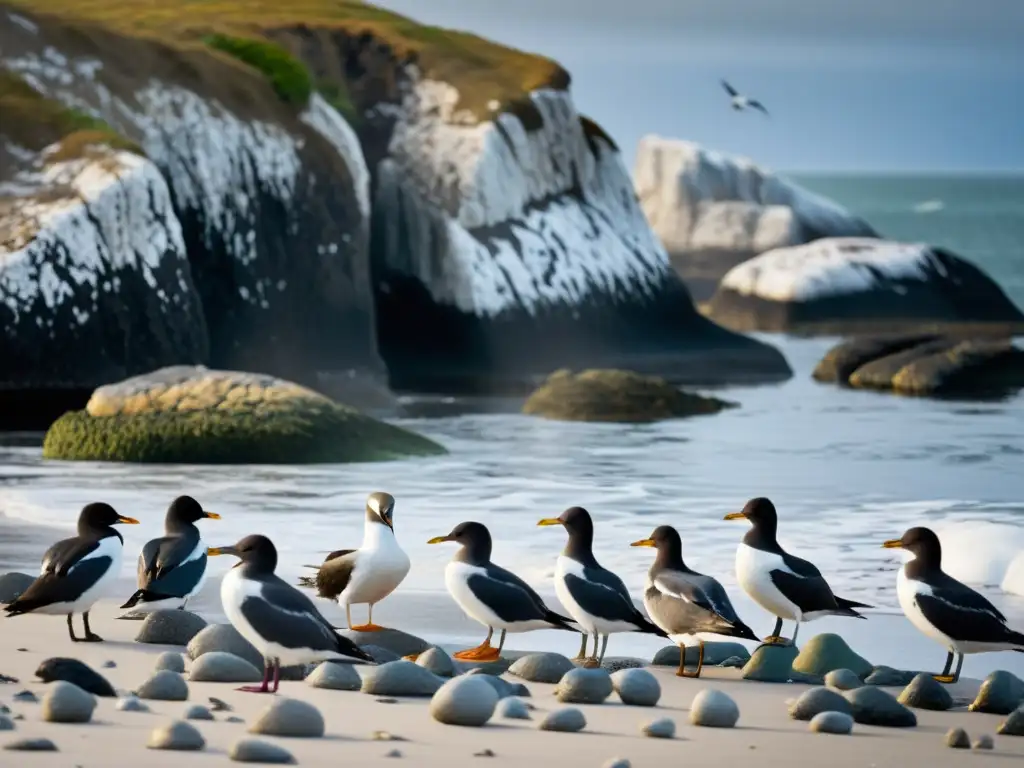 Desgarradora lucha de aves marinas cubiertas de petróleo en la playa Impacto desgarrador de derrames de petróleo en la fauna marina: aves cubiertas de petróleo luchan por limpiarse en una playa rocosa y desolada