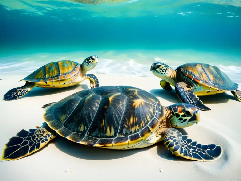 Trágica lucha: Tortugas marinas cubiertas de petróleo Impacto devastador de derrames de petróleo en la fauna marina: tortugas cubiertas de petróleo luchan por avanzar en una playa contaminada