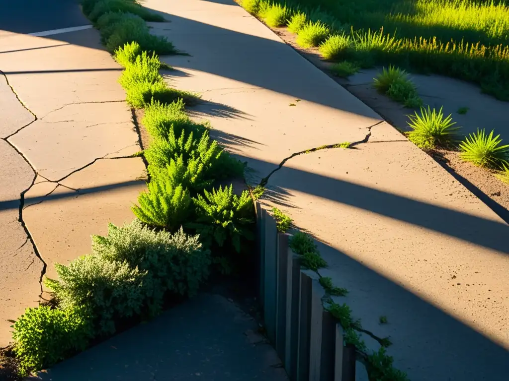 El impacto de la erosión en el suelo urbano se refleja en esta imagen detallada de un pavimento agrietado con maleza creciendo entre las grietas, revelando la lucha de la naturaleza en la ciudad