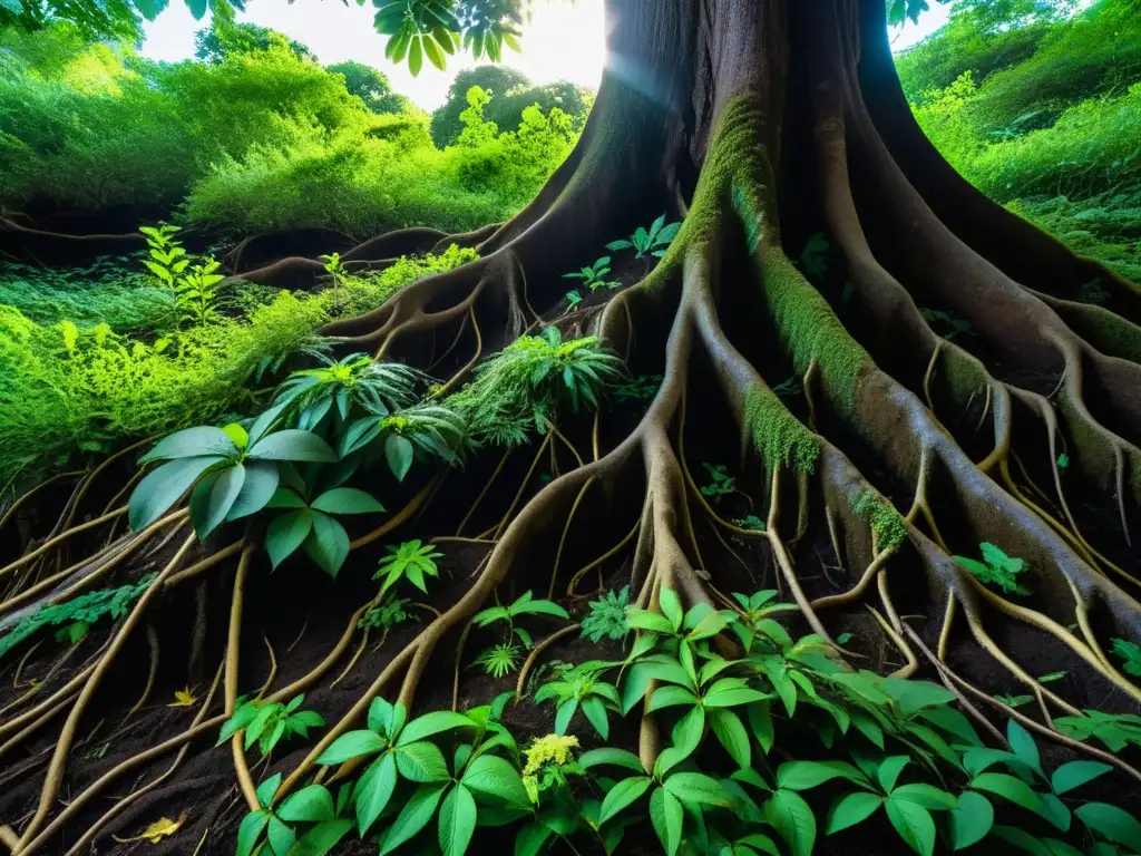 Impacto de especies invasoras en la restauración de ecosistemas: contraste entre vegetación nativa y invasora, enredada y asfixiante, con dramática luz solar