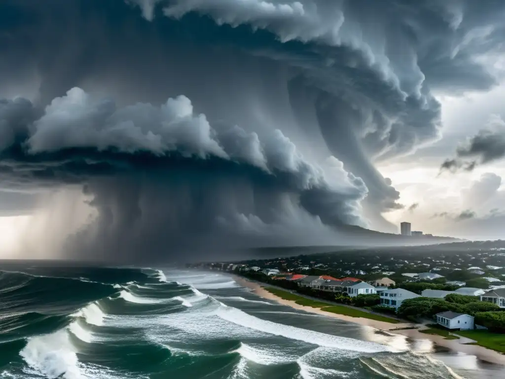 Impacto de fenómenos meteorológicos extremos: huracán masivo sobre la ciudad costera, con nubes oscuras y lluvia torrencial