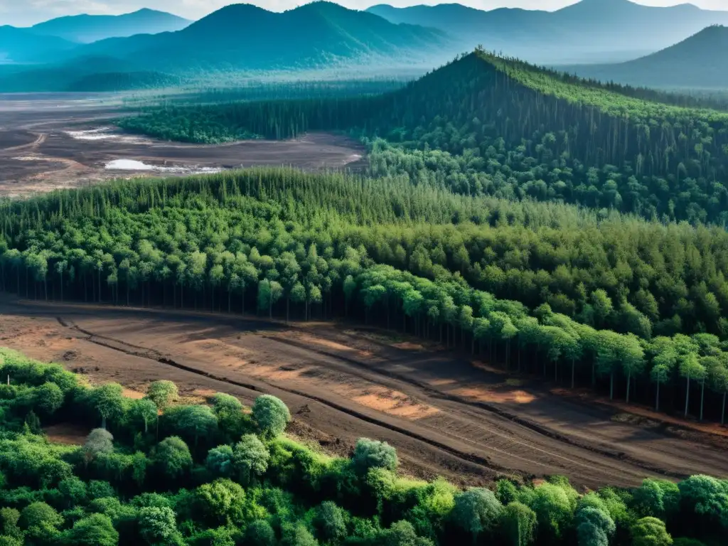 Impacto humano en ecosistemas climáticos: Contraste entre tierra deforestada y exuberante bosque de fondo, reflejando consecuencias ambientales