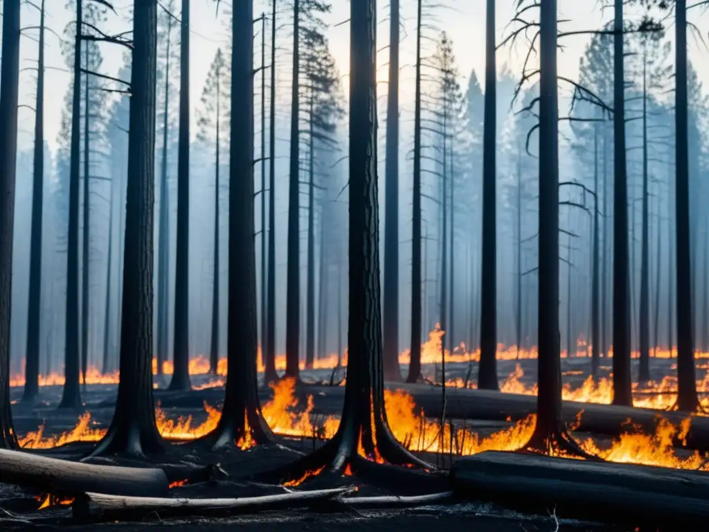 Impacto de incendios forestales en ecosistemas: paisaje de bosque después del fuego, con árboles carbonizados y nueva vegetación vibrante