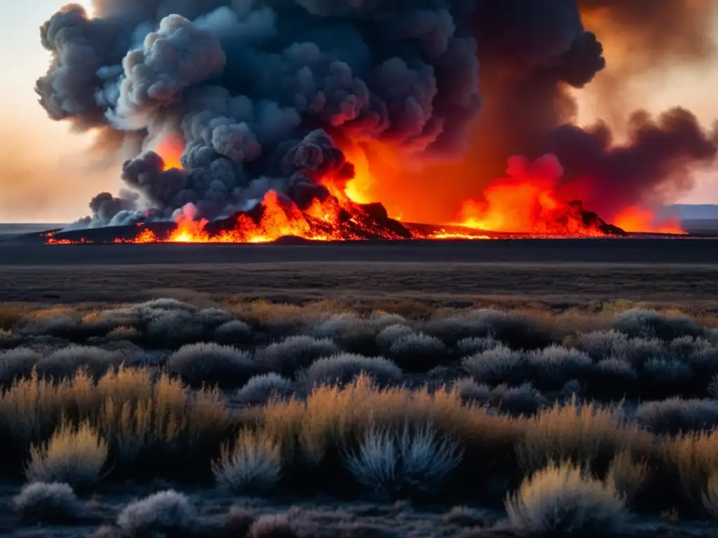 Impacto de los incendios en la tundra: Un paisaje de tundra en llamas con humo ascendente y un resplandor naranja intenso