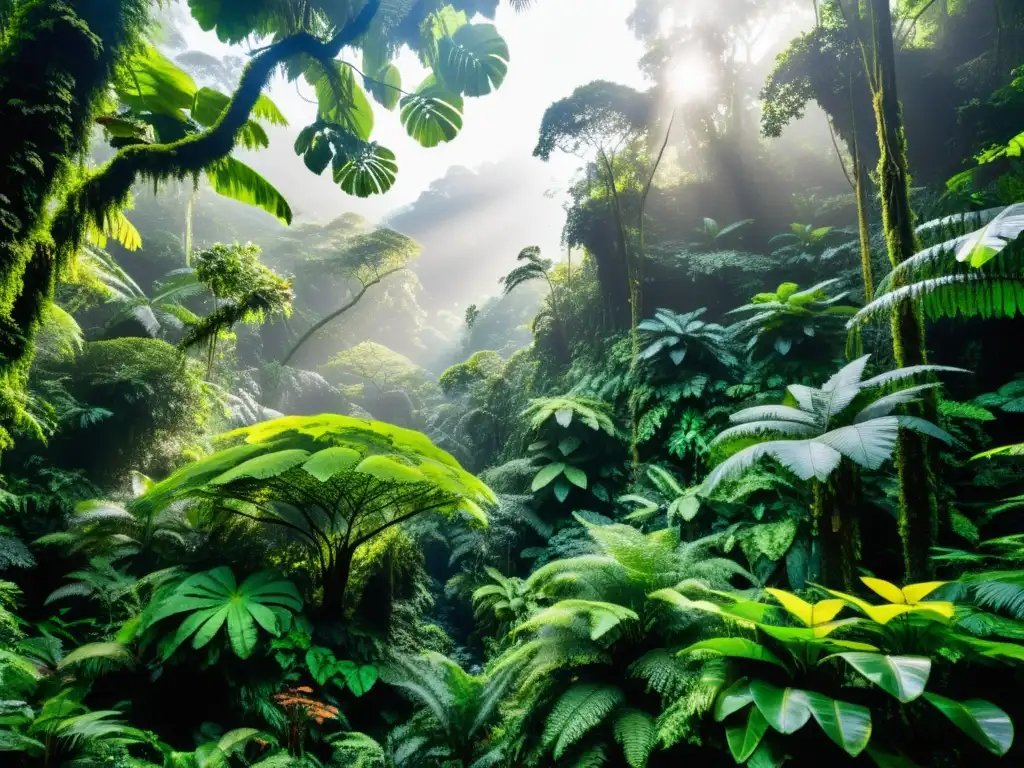 'Impactos del cambio climático en ecosistemas tropicales: Exuberante selva tropical con diversa vida vegetal y animal bajo la densa vegetación verde