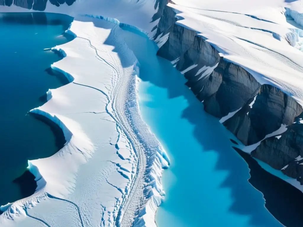 Imponente fotografía aérea de un glaciar, con sus intrincadas grietas y tonos azules, testimonia la desaparición de glaciares por el cambio climático