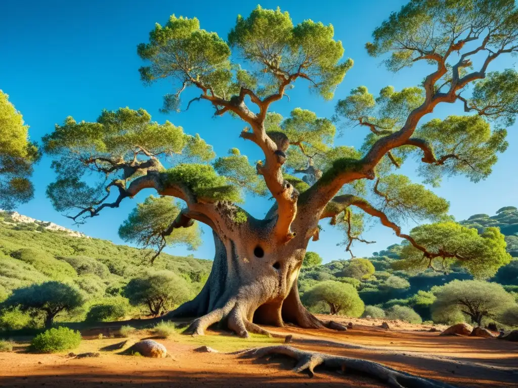 Imponente alcornoque en bosque mediterráneo, con su rugosa corteza y exuberante follaje bajo el cielo azul