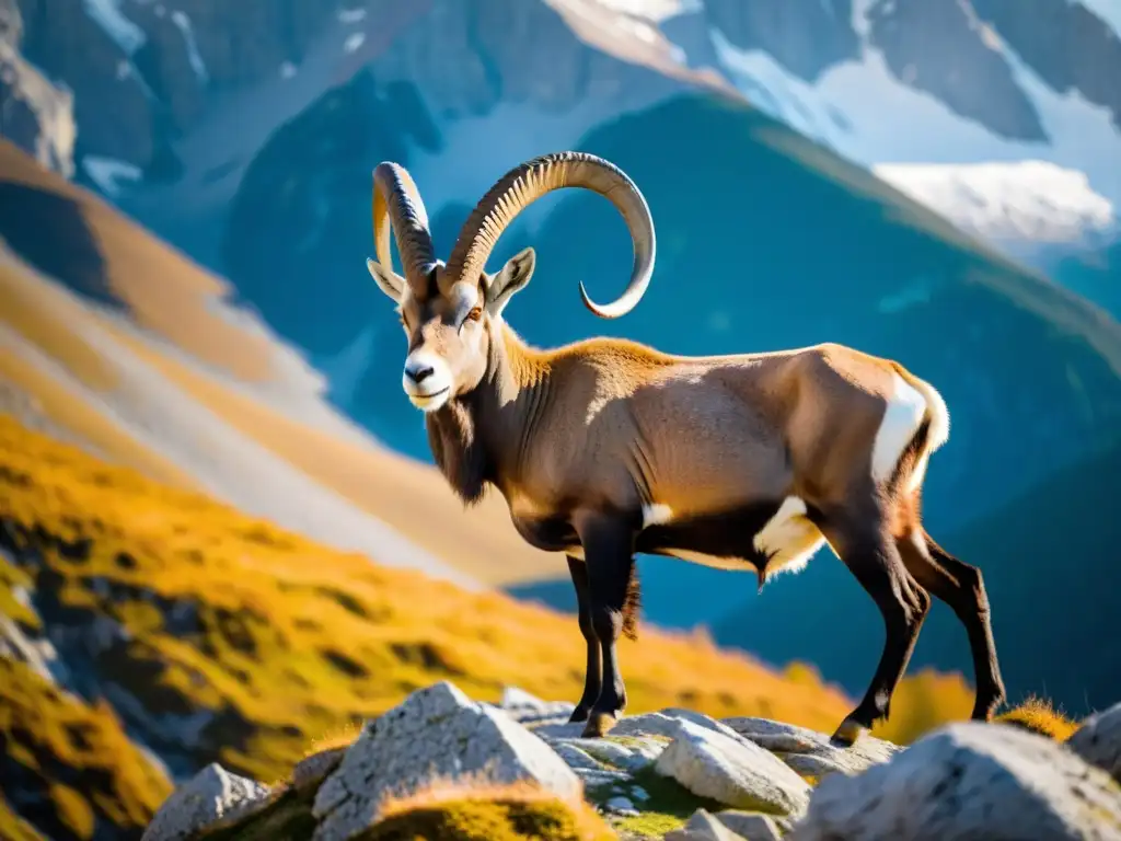 Imponente ibex en las altas cumbres de los Alpes, simbolizando la fortaleza de los grandes mamíferos de los Alpes