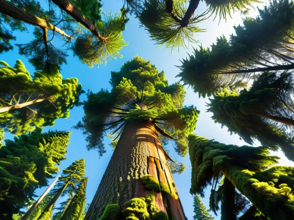 Imponente árbol gigante cubierto de musgo verde, con ramas extendiéndose hacia el cielo, en el bosque de las Montañas Rocosas