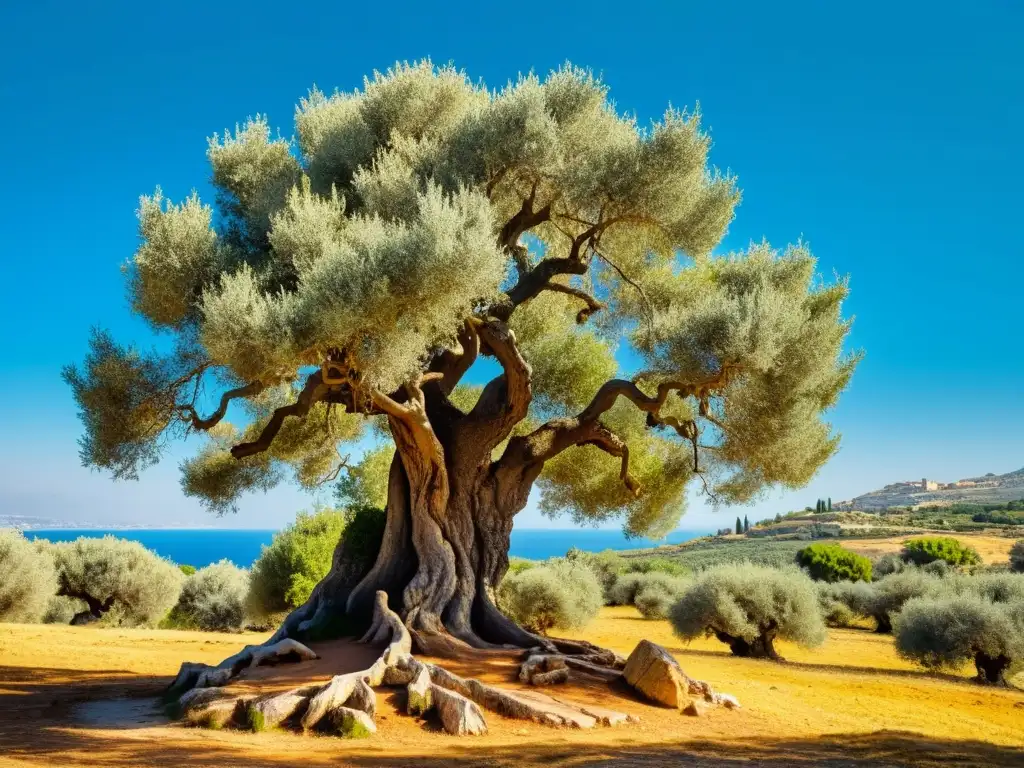 Imponente árbol milenario en paisaje mediterráneo, símbolo de longevidad y resiliencia