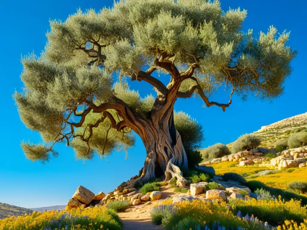 Imponente árbol milenario en el paisaje mediterráneo, con su tronco retorcido y ramas extendidas bajo el cielo azul