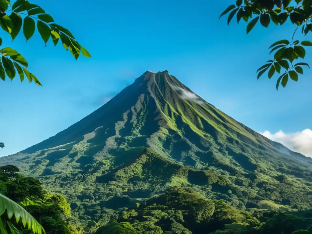 El imponente Volcán Arenal se alza sobre el cielo azul, con exuberante vegetación