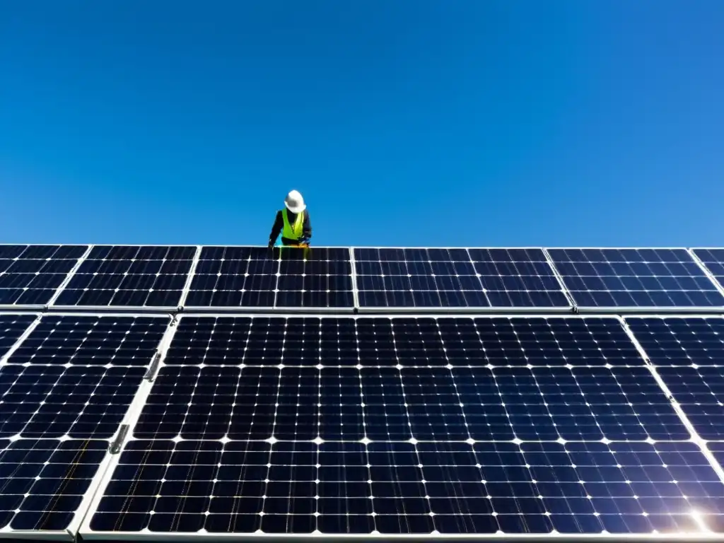 Un imponente array de paneles solares industriales con trabajadores haciendo mantenimiento