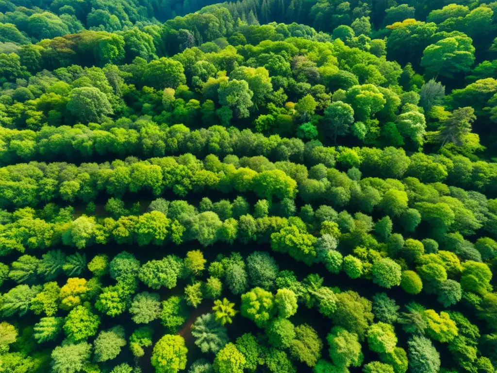 Imponente bosque denso y diverso, con luz solar filtrándose entre hojas