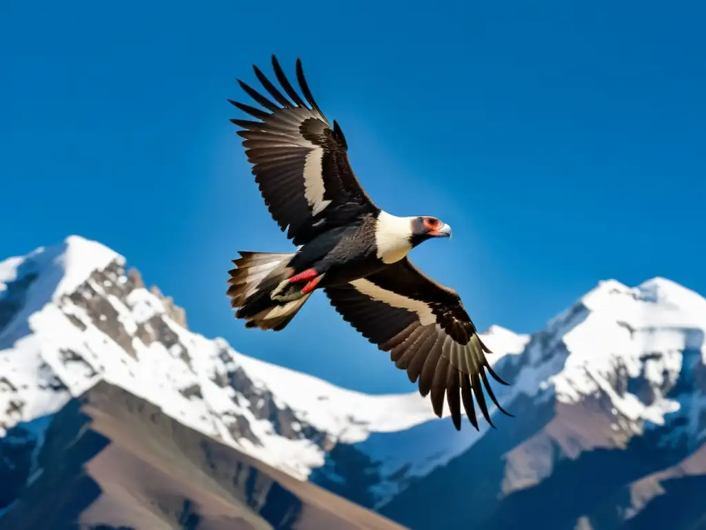 Imponente condor andino en vuelo sobre picos nevados y cielo azul, destacando adaptaciones de especies en montañas andinas