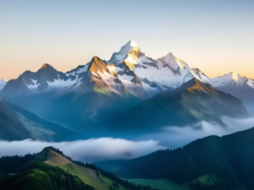 Imponente cordillera envuelta en niebla, con picos nevados brillando al amanecer