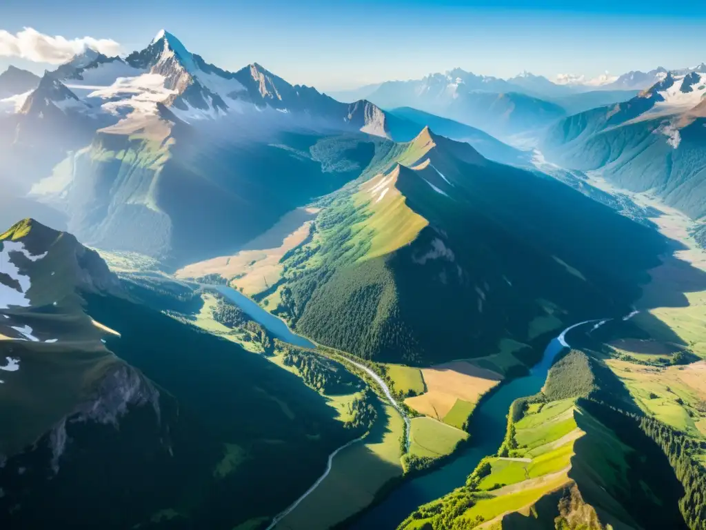 Imponente cordillera con vegetación exuberante, picos nevados y cielo azul