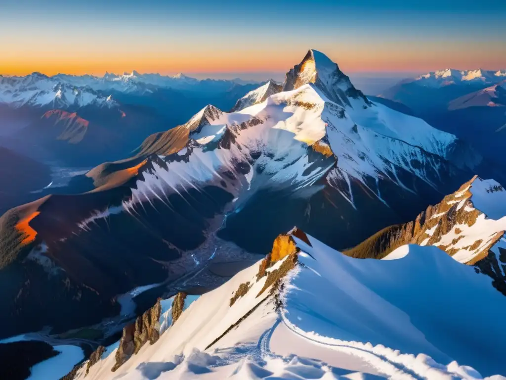 Imponente cordillera nevada al atardecer, con el sol dorado detrás de los picos