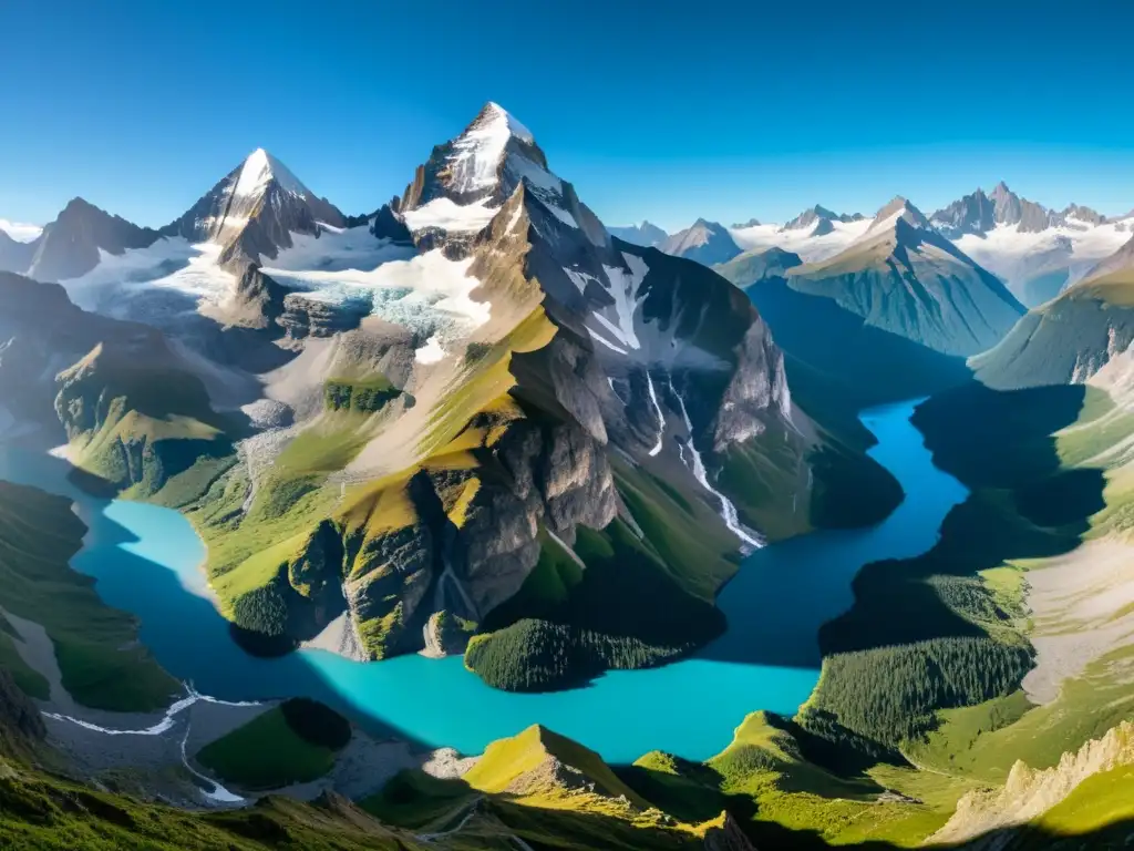 Imponente cordillera con picos escarpados, valles sombríos y vida vegetal diversa