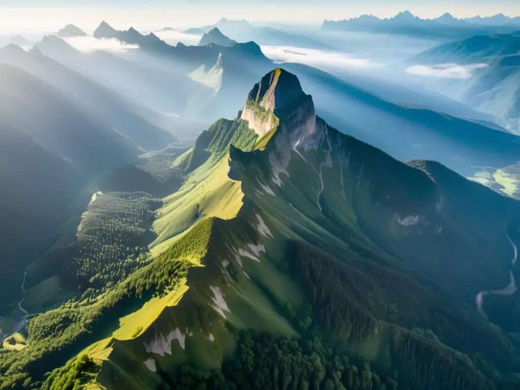 Imponente cordillera con picos majestuosos, valles verdes y misteriosas nieblas