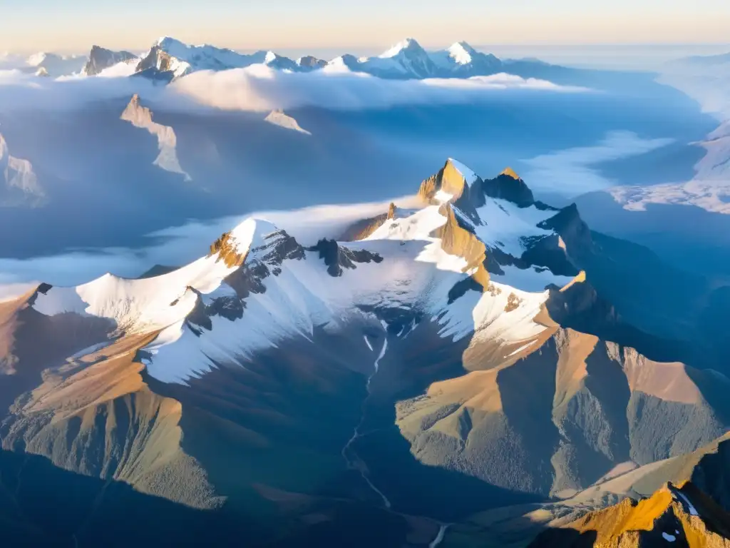 Imponente cordillera con picos nevados emergiendo entre nubes