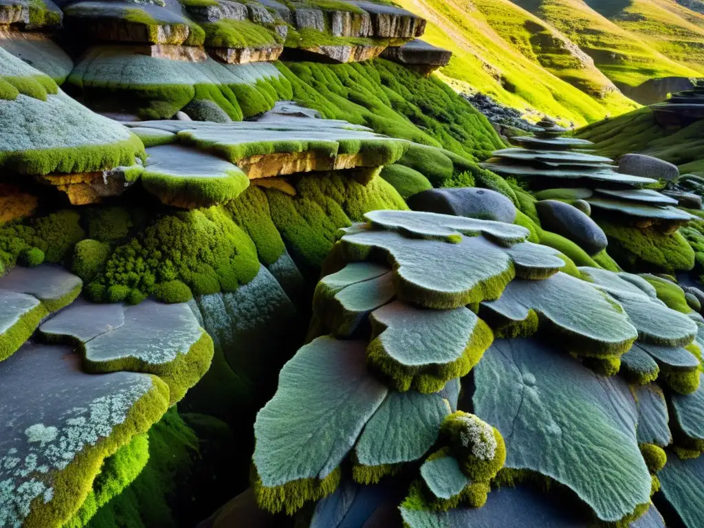 Imponente formación rocosa en ecosistema montañoso, con capas, texturas y misteriosos colores naturales